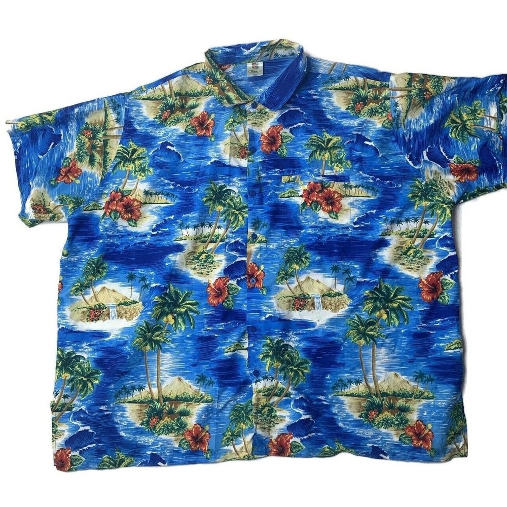 Rima Men's Hawaiian Shirt Blue Aloha Tropical  Button Up Shirt